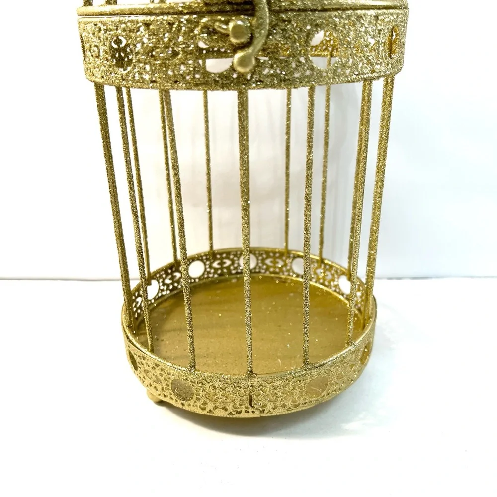 Gold Glitter Decorative Birdcage | Vintage Style Metal Home Decor Accent